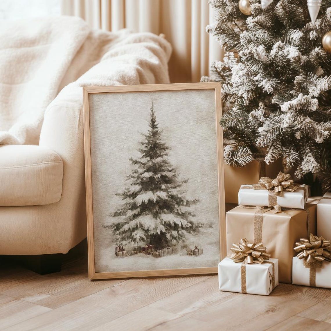 Snow Covered Evergreen Tree With Gifts Soft Watercolor Winter Poster - Image 3