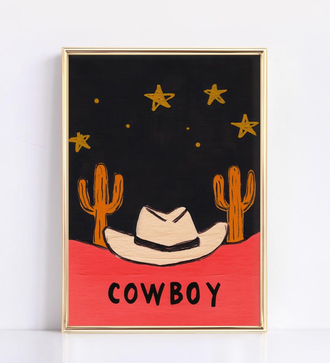 Cowboy Hat Over Red Desert Night With Cacti Western Folk Art Print