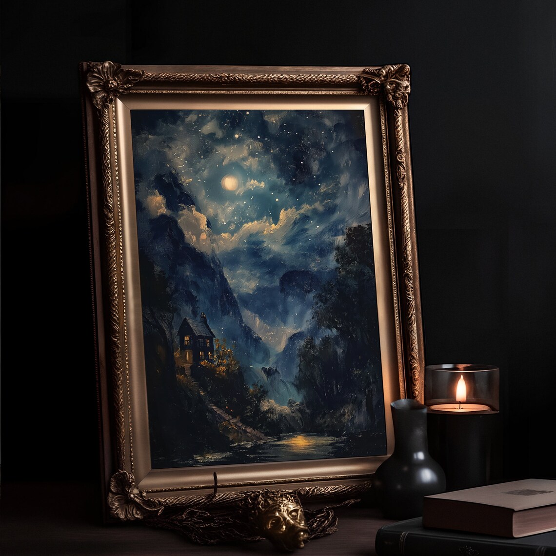 Moonlit Cabin Starry Night Woodland Landscape Oil Painting Poster - Image 2