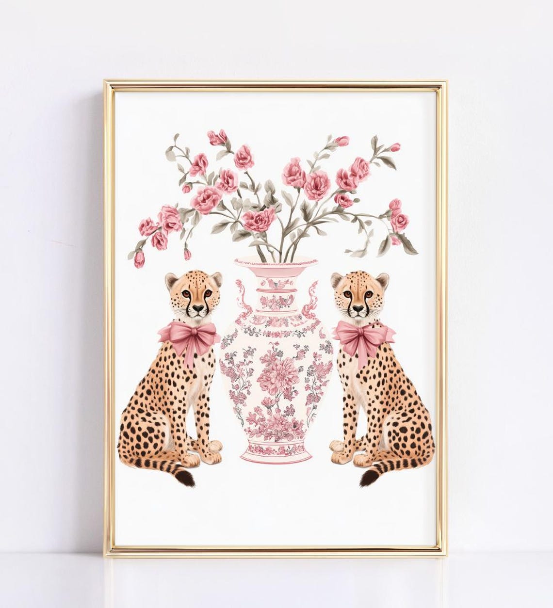 Pink Chinoiserie Vase with Cheetahs and Roses Girly Nursery Print