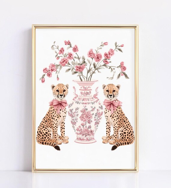 Pink Chinoiserie Vase with Cheetahs and Roses Girly Nursery Print