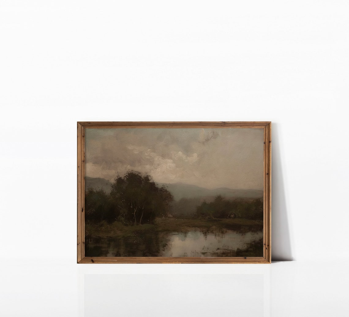 Dark Riverbank With Trees Moody Evening Reflections Painting Print - Image 3