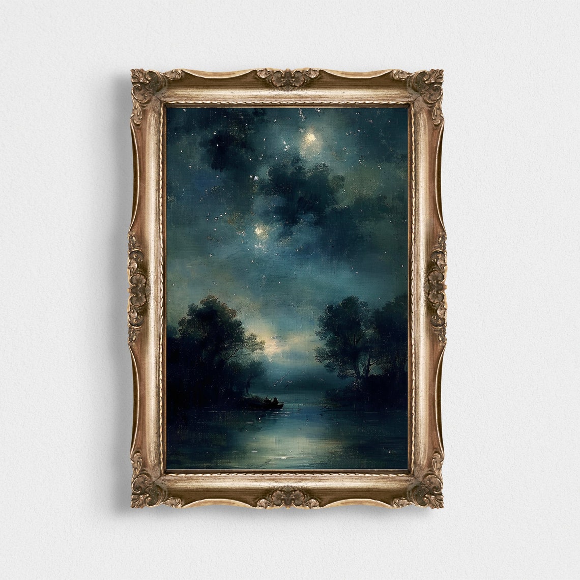 Moonlit River Night Painting Vintage Nocturne Boat Art Poster