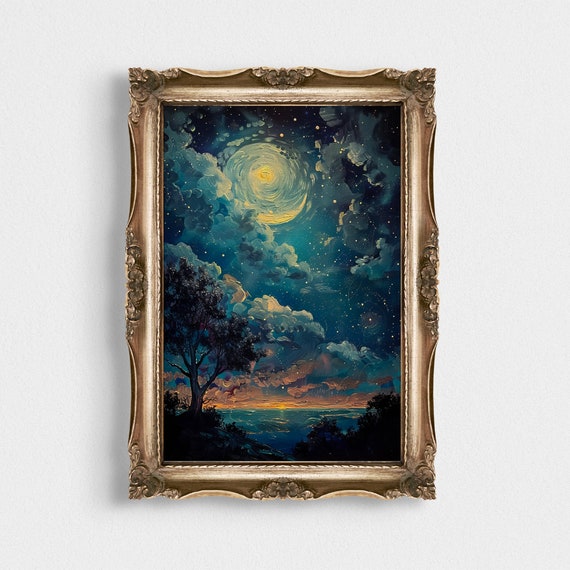 Vintage Sky Print Nocturnal Landscape Art Celestial Illustration Stargazing Astronomy Wall Decor Night Star Poster