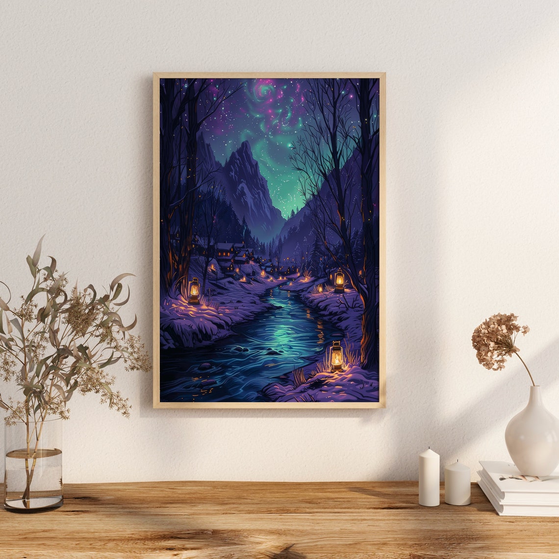 Lantern Lit Winter River Village Under Starry Sky Night Poster - Image 2