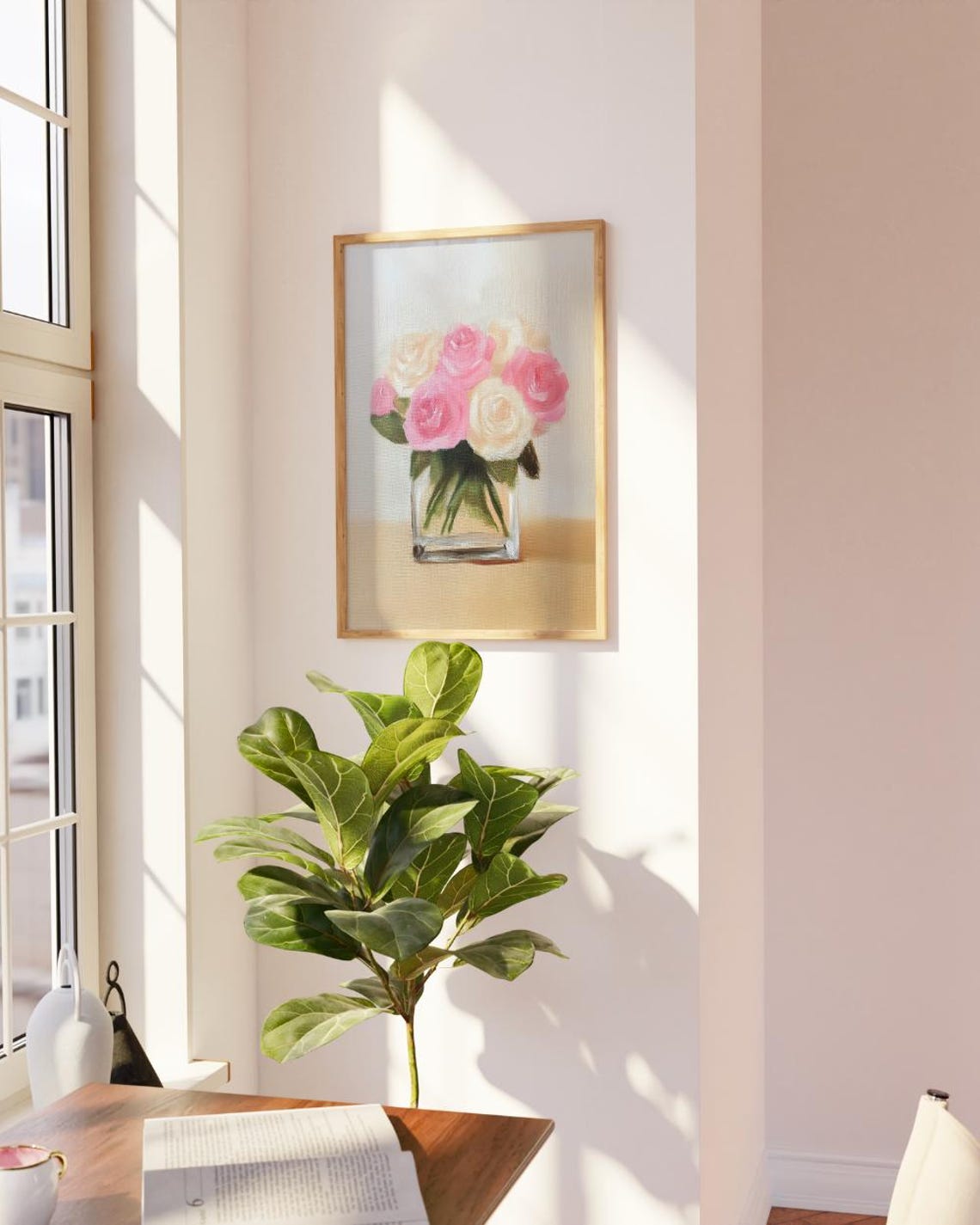 Pink White Peonies Glass Cube Vase Floral Still Life Art Print - Image 3
