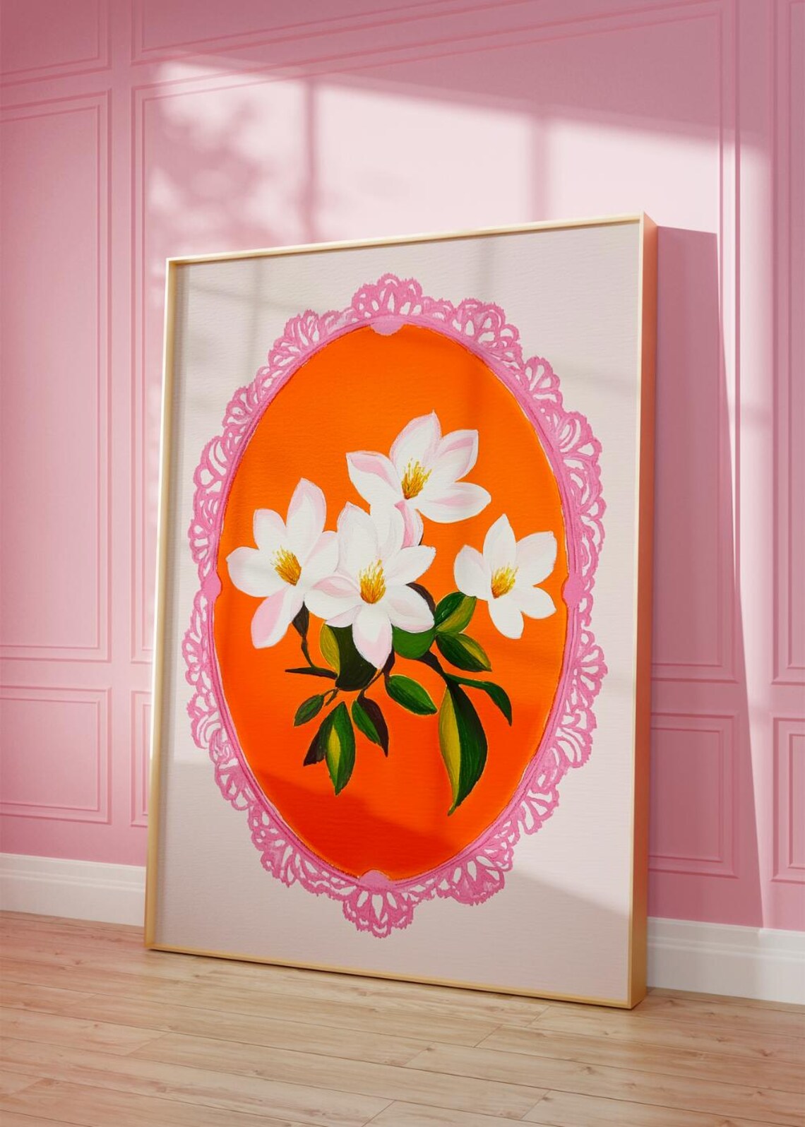 White Magnolia Floral Art Orange Lace Oval Vintage Style Poster - Image 2