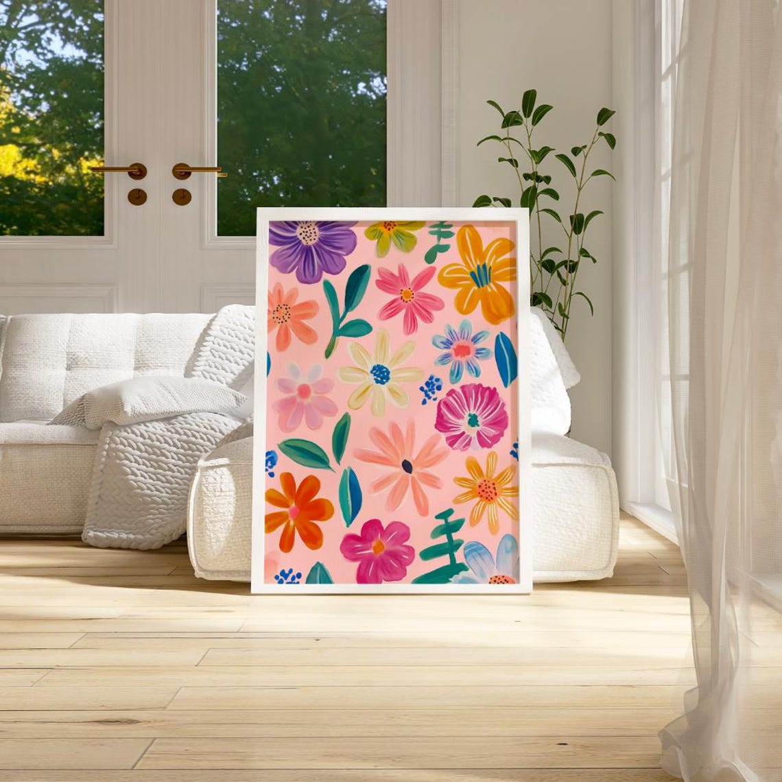 Bright Abstract Flower Garden Pattern Colorful Pink Floral Wall Poster - Image 3