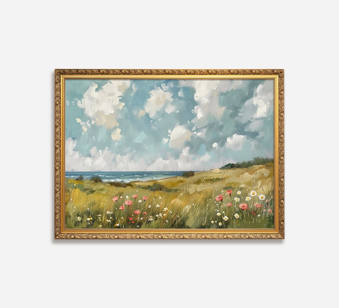 Coastal Flower Meadow Overlooking the Ocean Cloudy Sky Print