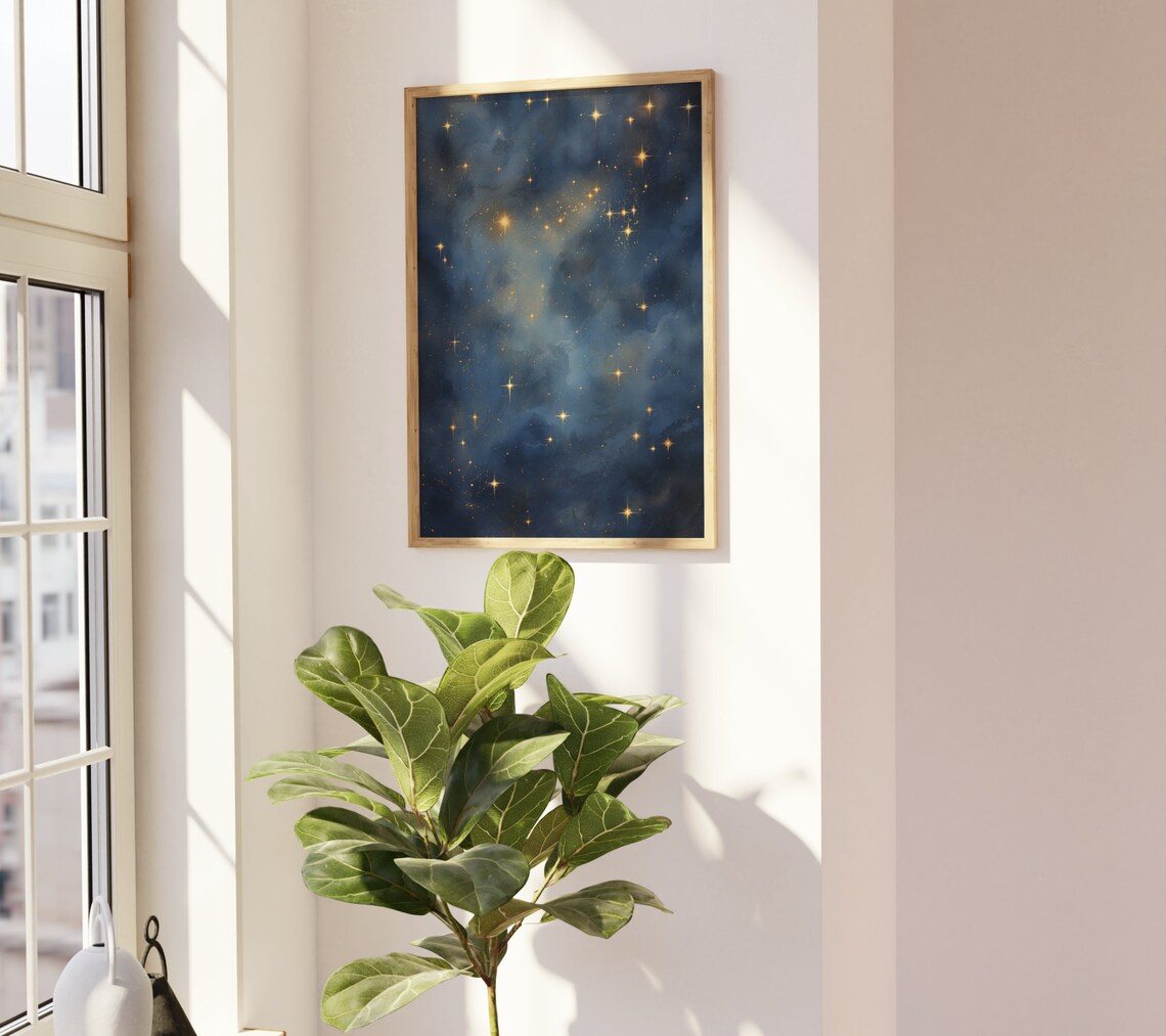 Deep Blue Watercolor Night Sky Golden Twinkling Stars Poster - Image 3