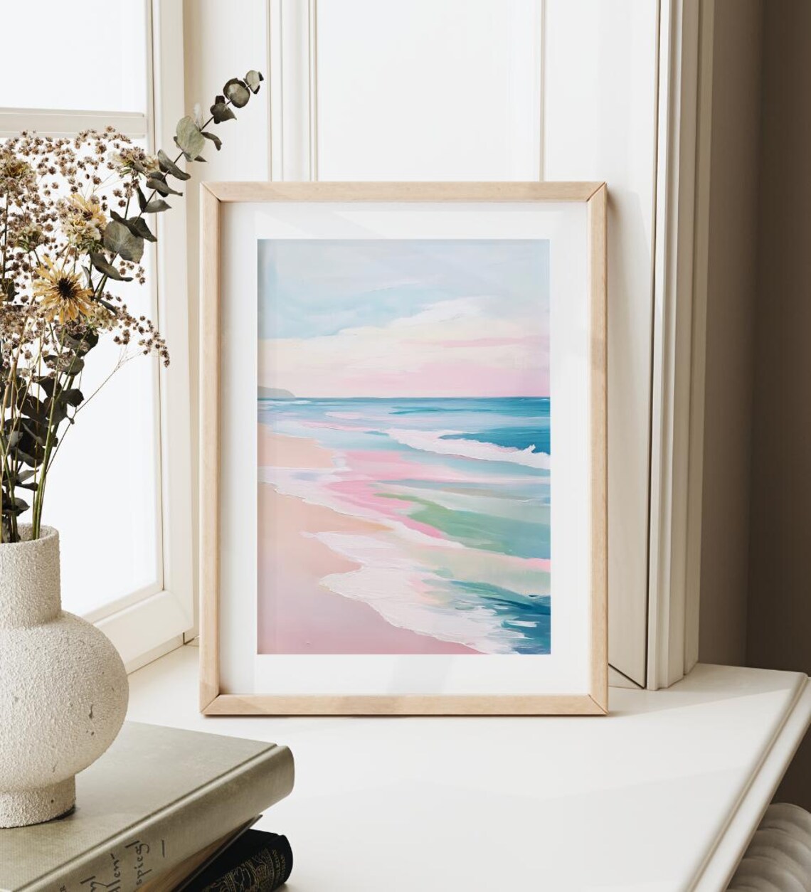 Abstract Pastel Ocean Painting Pink Coastal Waves Watercolor Poster - Image 3