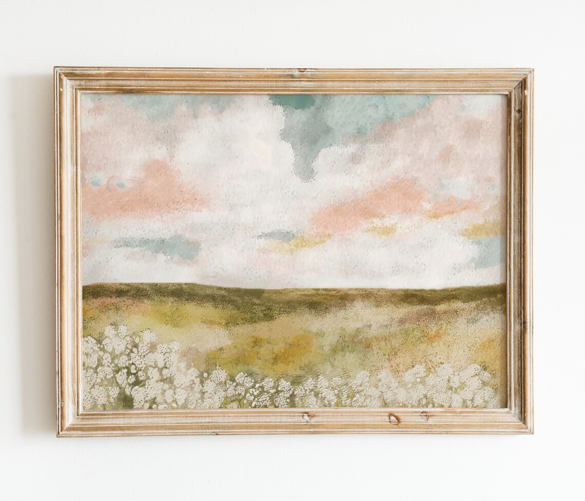 Spring Landscape Print Cloudy Pink Sky Wall Art Country Farmhouse Landscape Oil Painting Neutral Pastel Girls Room Decor