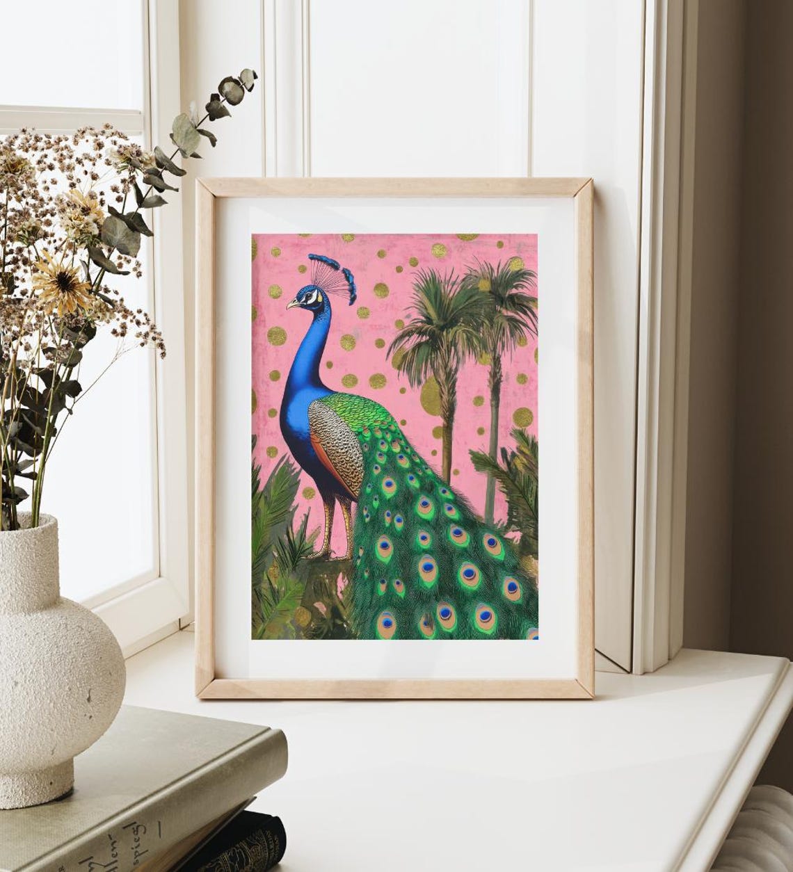 Peacock Standing With Palm Trees On Pink And Gold Polka Dot Poster - Image 2