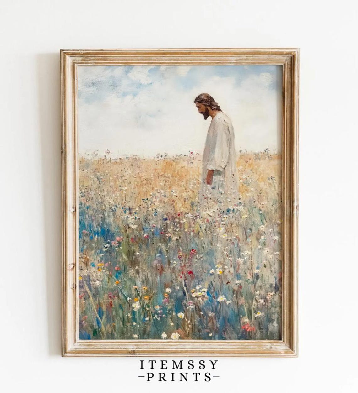 Jesus Walking Through Wildflower Meadow Impressionist Poster