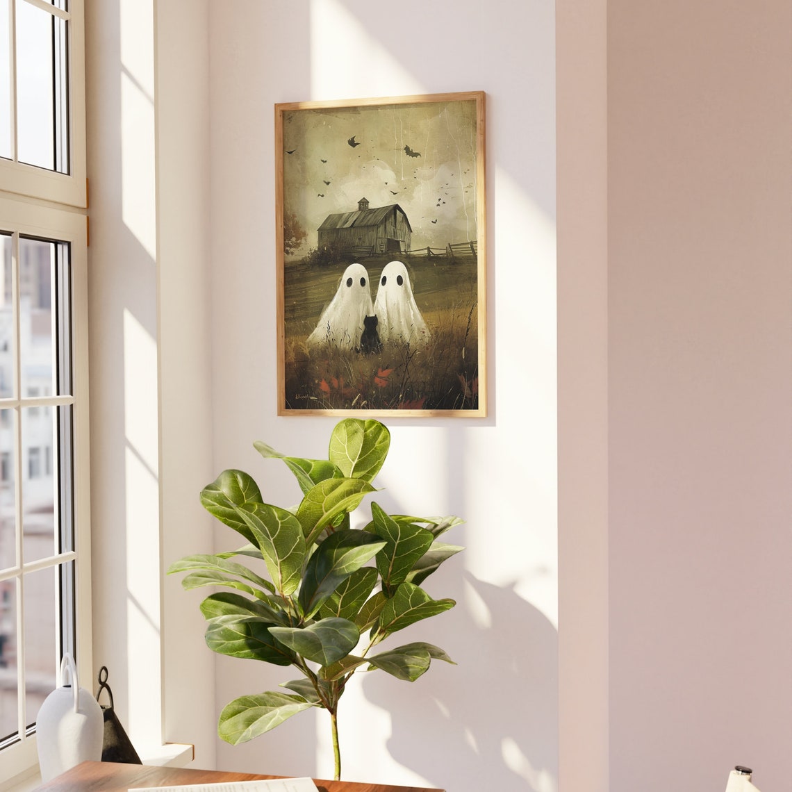 Two Cute Ghosts With Black Cat Vintage Halloween Barn Art Poster - Image 3