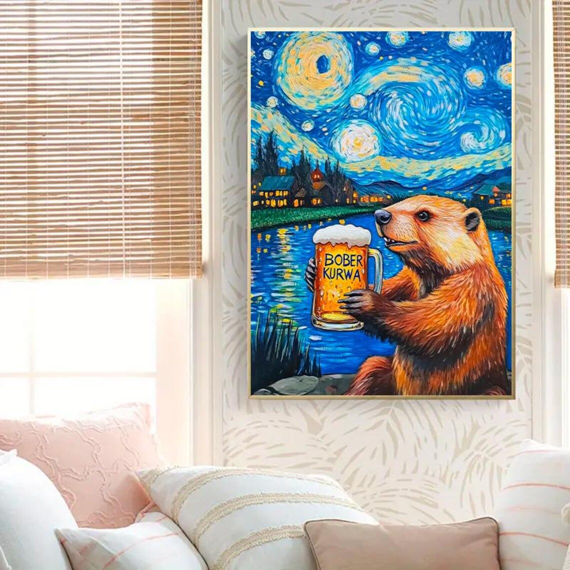 Starry Night Beer Drinking Beaver Art Print - Image 2