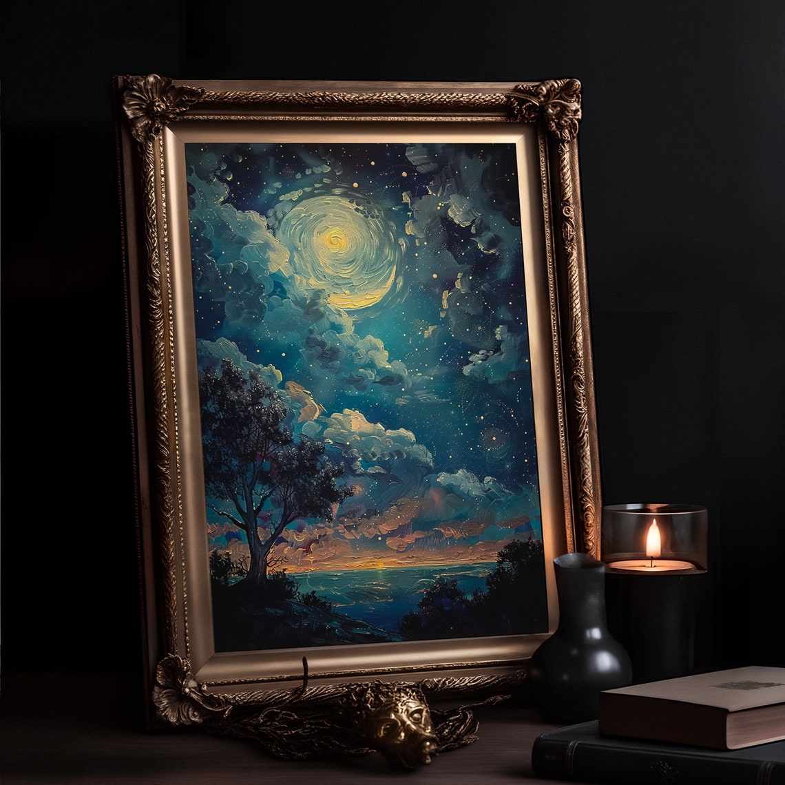 Swirling Moon Over Moonlit Sea Cliff Dramatic Night Sky Print - Image 2