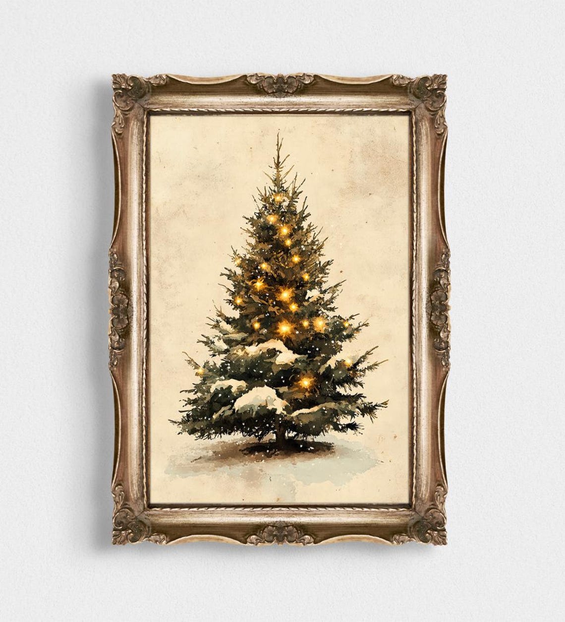 Glowing Snowy Christmas Tree With Warm Lights Vintage Poster