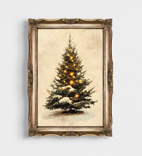 Vintage Christmas Tree Art Print Moody Antique Evergreen Painting Winter Holiday Poster Decor Natural Rustic Xmas Wall Art