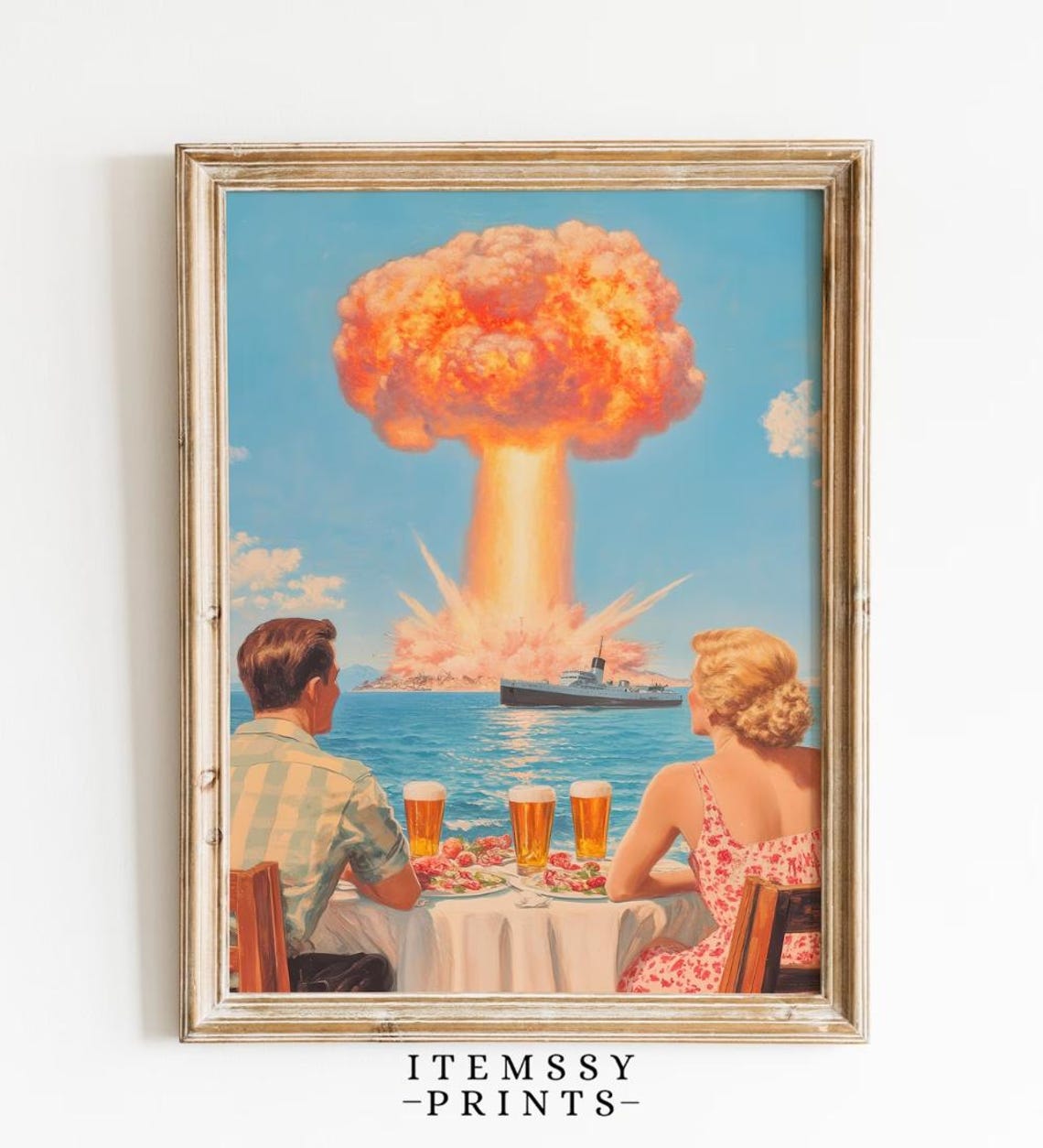 Retro Surreal Atomic Mushroom Cloud Beach Dinner Vintage Poster