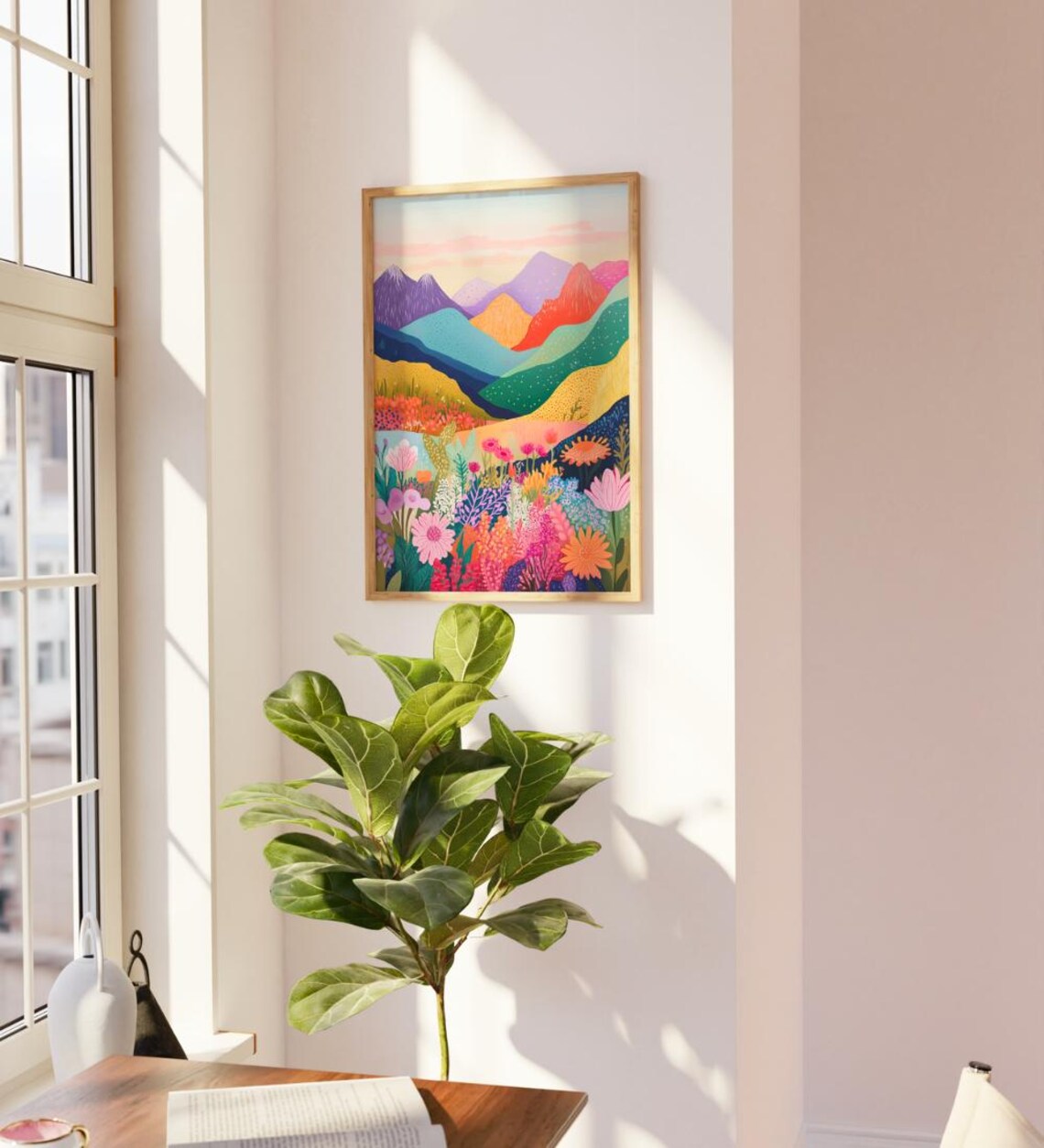 Colorful Stylized Mountain Peaks Wildflower Garden Landscape Wall Poster - Image 3