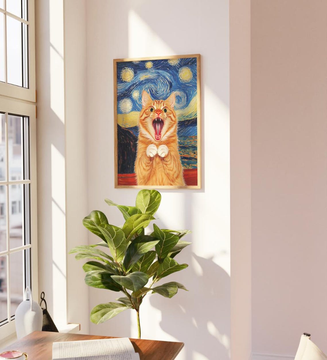 Screaming Orange Cat in Van Gogh Starry Night Funny Mashup Art Poster - Image 3