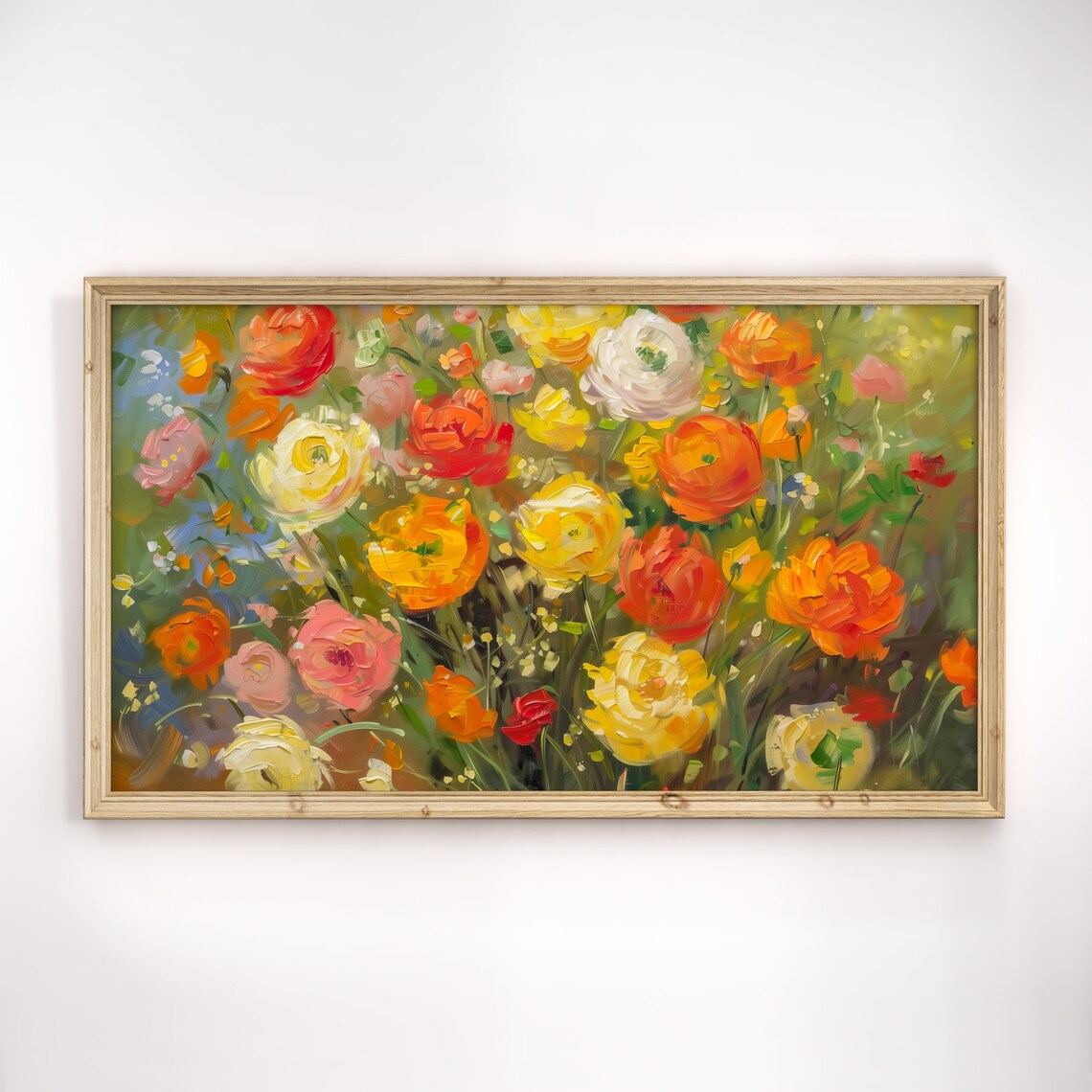 Rose Garden Pink Yellow Red Blooms Impressionist Oil Art Poster