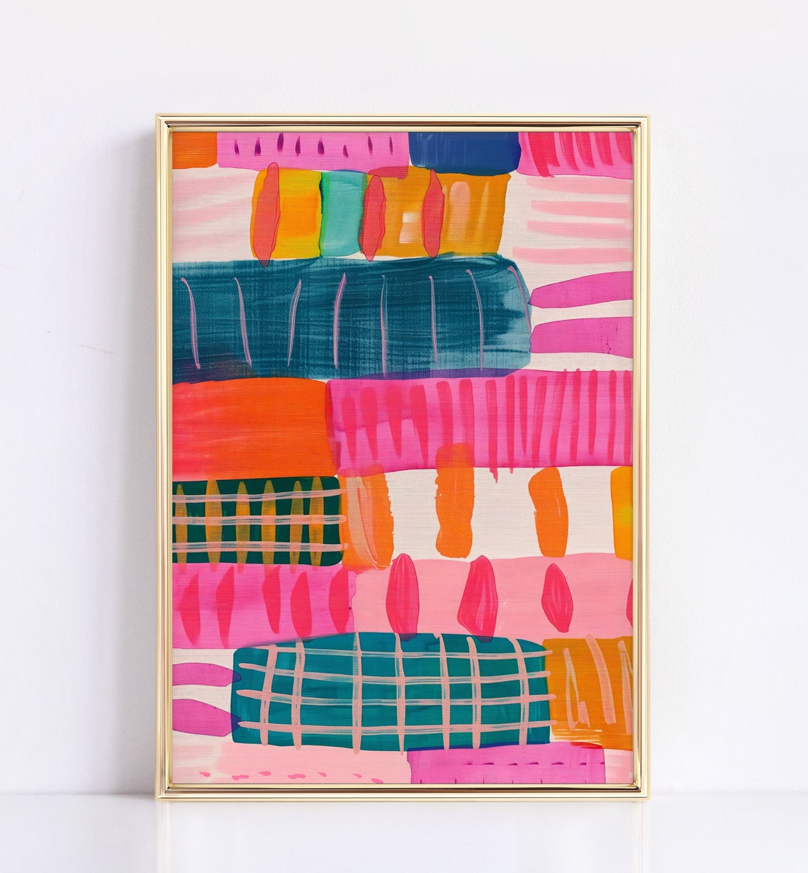 Bold Colorful Geometric Abstract Blocks Teal Pink Modern Art Poster
