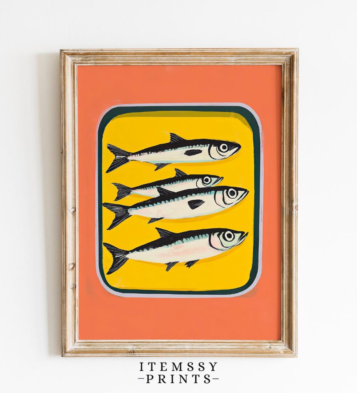 Four Sardines in Tin Style Pop Art Orange Yellow Retro Kitchen Poster