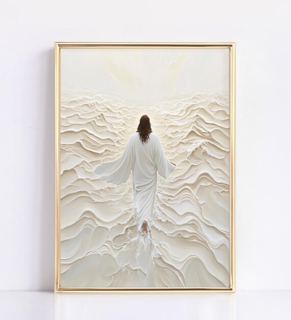 Jesus Walking on Water Minimalist Faith Art Print White Christian Ocean Decor