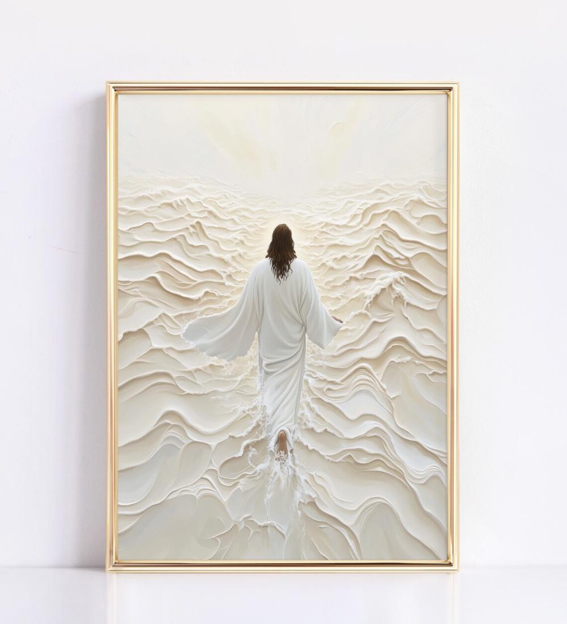 Jesus Walking on Water Minimalist Faith Art Print White Christian Ocean Decor