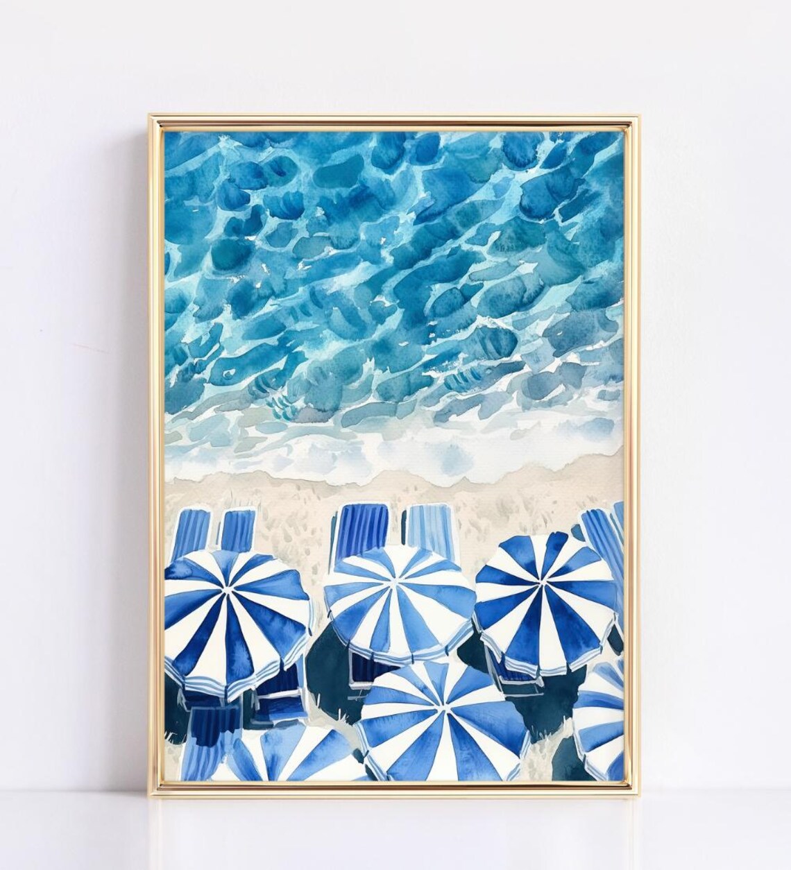 Blue Striped Umbrella Aerial Beach Watercolor Coastal Summer Wall Poster - Image 2