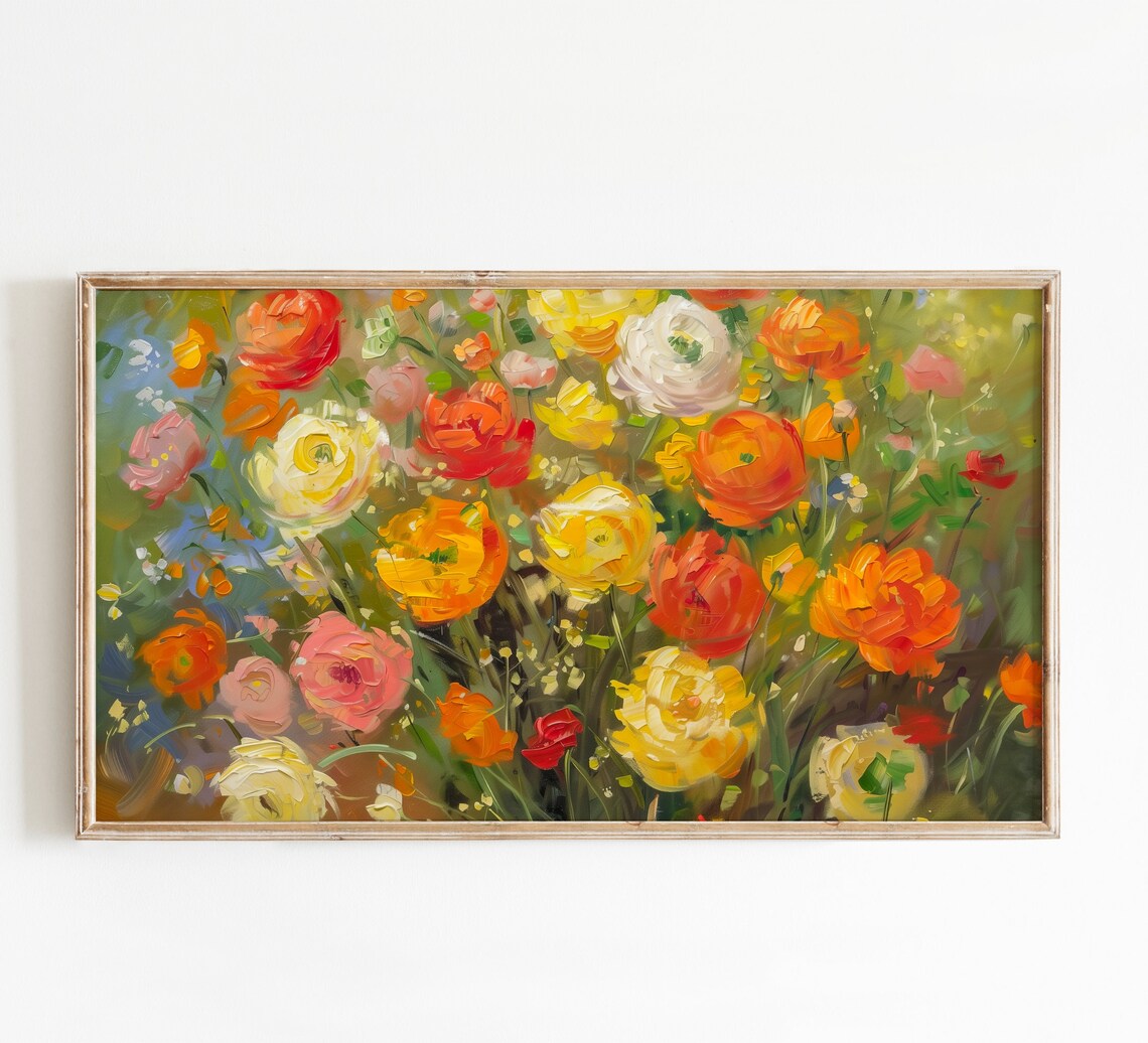 Rose Garden Pink Yellow Red Blooms Impressionist Oil Art Poster - Image 2