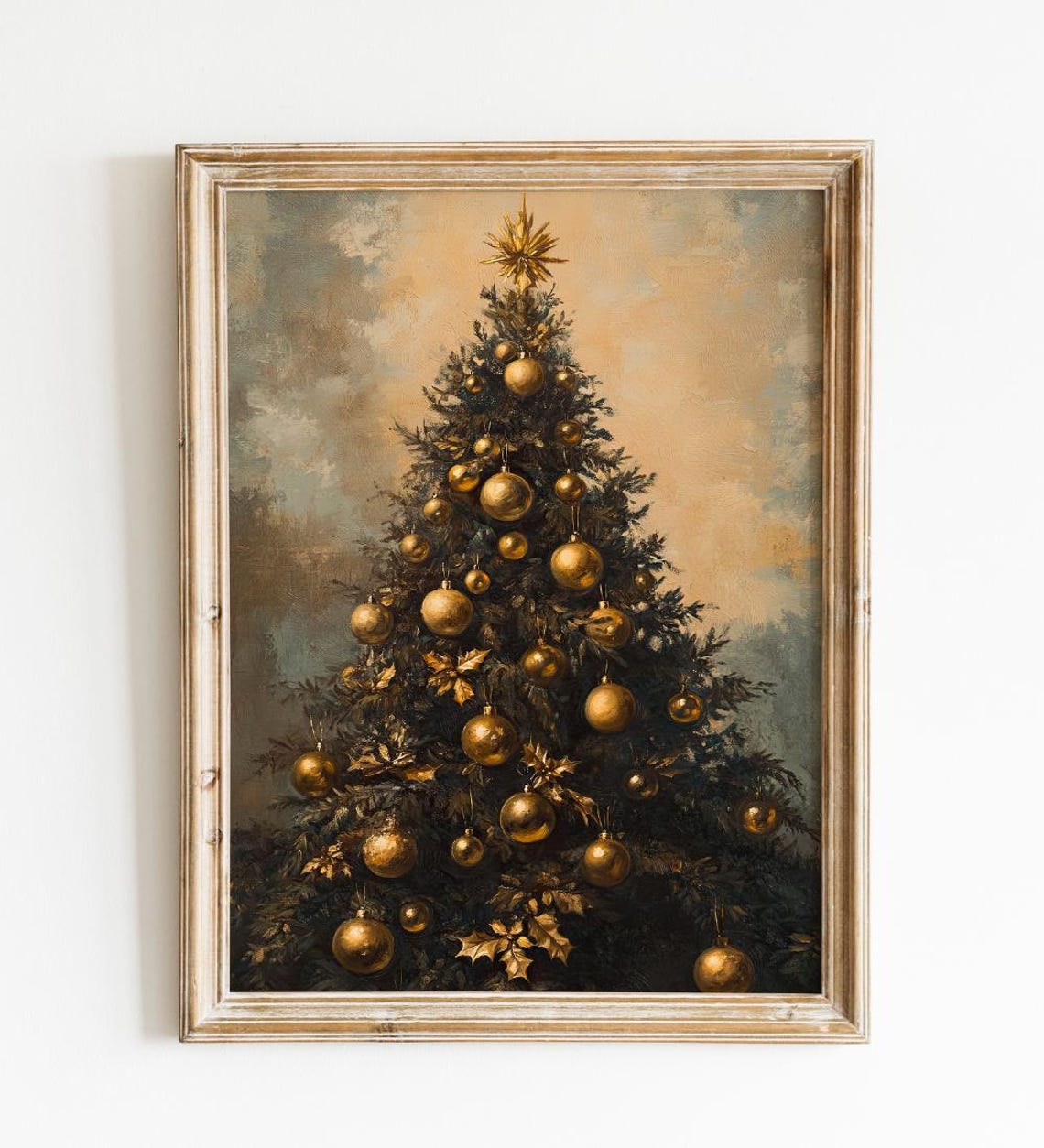 Stately Christmas Tree With Gold Ornaments And Starburst Poster