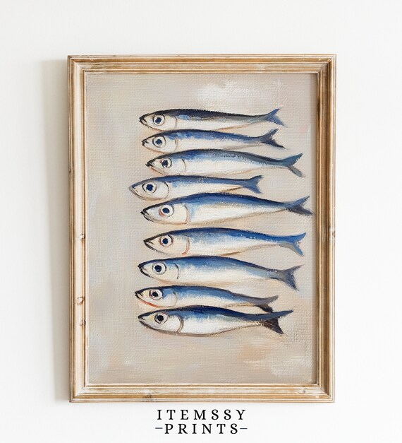 Vintage Sardines Art Print Still Life Oil Painting French Kitchen Decor Sardine Oil Painting Restaurant Fish Wall Art