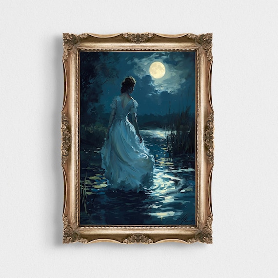 Woman In White Dress Walking Into Moonlit Water Night Art Poster
