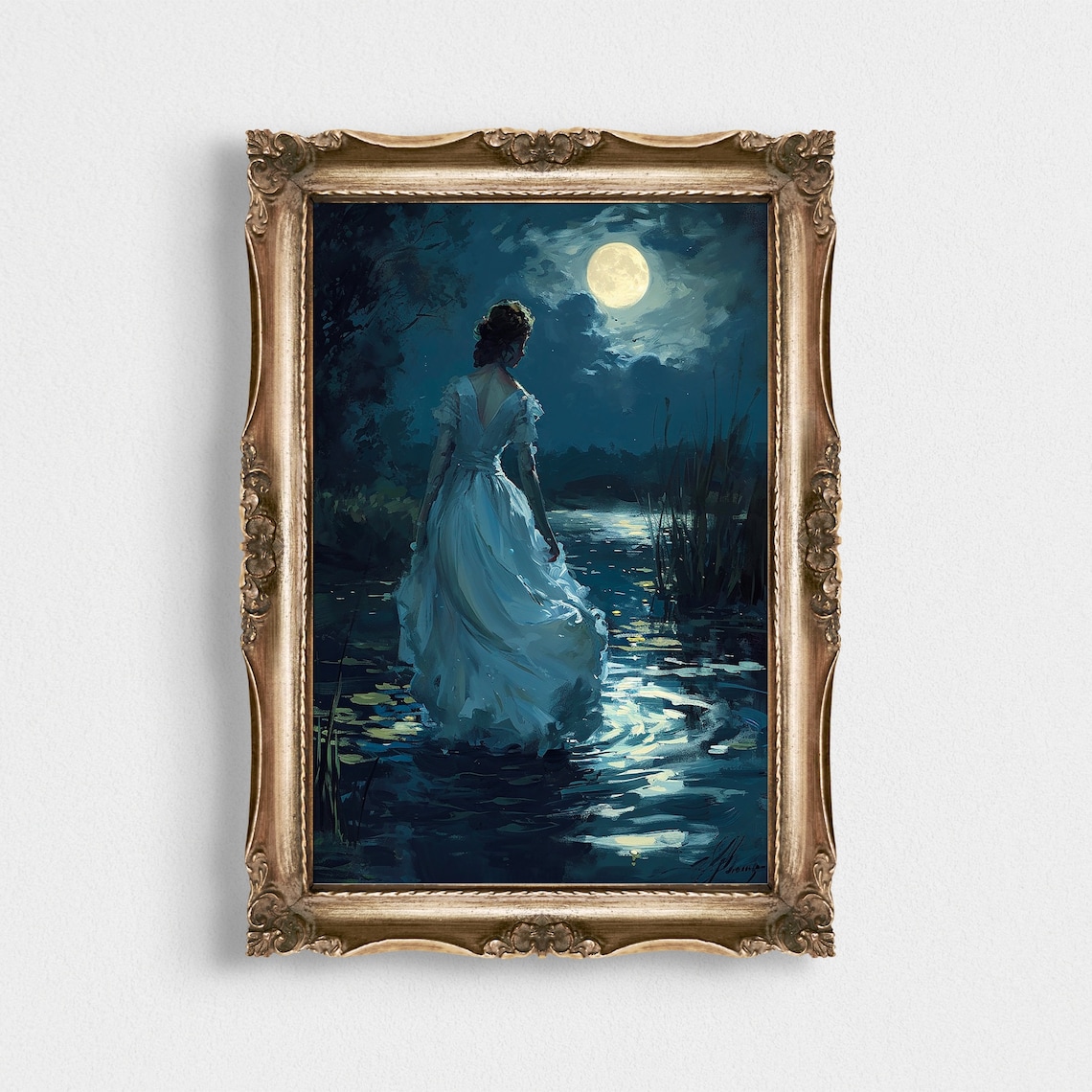 Woman In White Dress Walking Into Moonlit Water Night Art Poster
