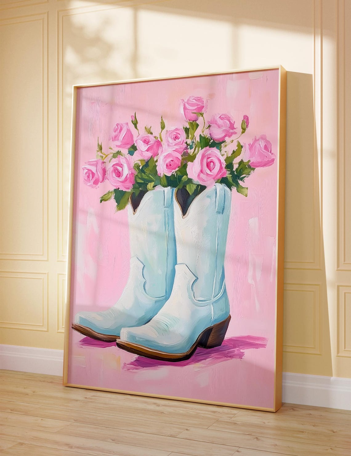 Cowboy Boots Filled With Pink Roses Western Floral Oil Painting Poster - Image 3