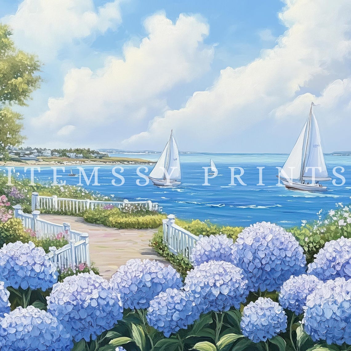 Nantucket Hydrangeas Sailboats Coastal Scene Luxury Beach House Print - Image 3