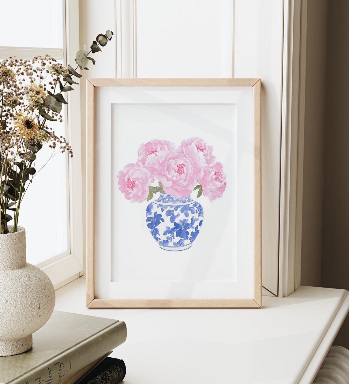 Pink Peonies Chinoiserie Blue White Porcelain Vase Floral Poster - Image 3