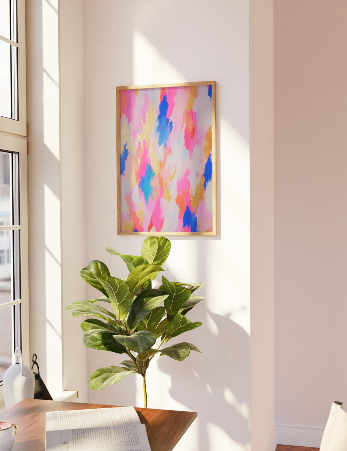 Pink Gold Blue Abstract Brushstroke Modern Colorful Wall Art - Image 3