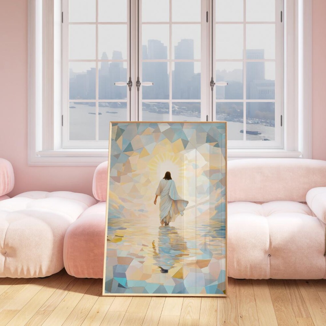 Jesus Walking On Water Toward A Radiant Sunrise Mosaic Poster - Image 2