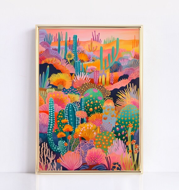 Psychedelic Cactus Desert Sunset Vibrant Southwest Landscape Poster