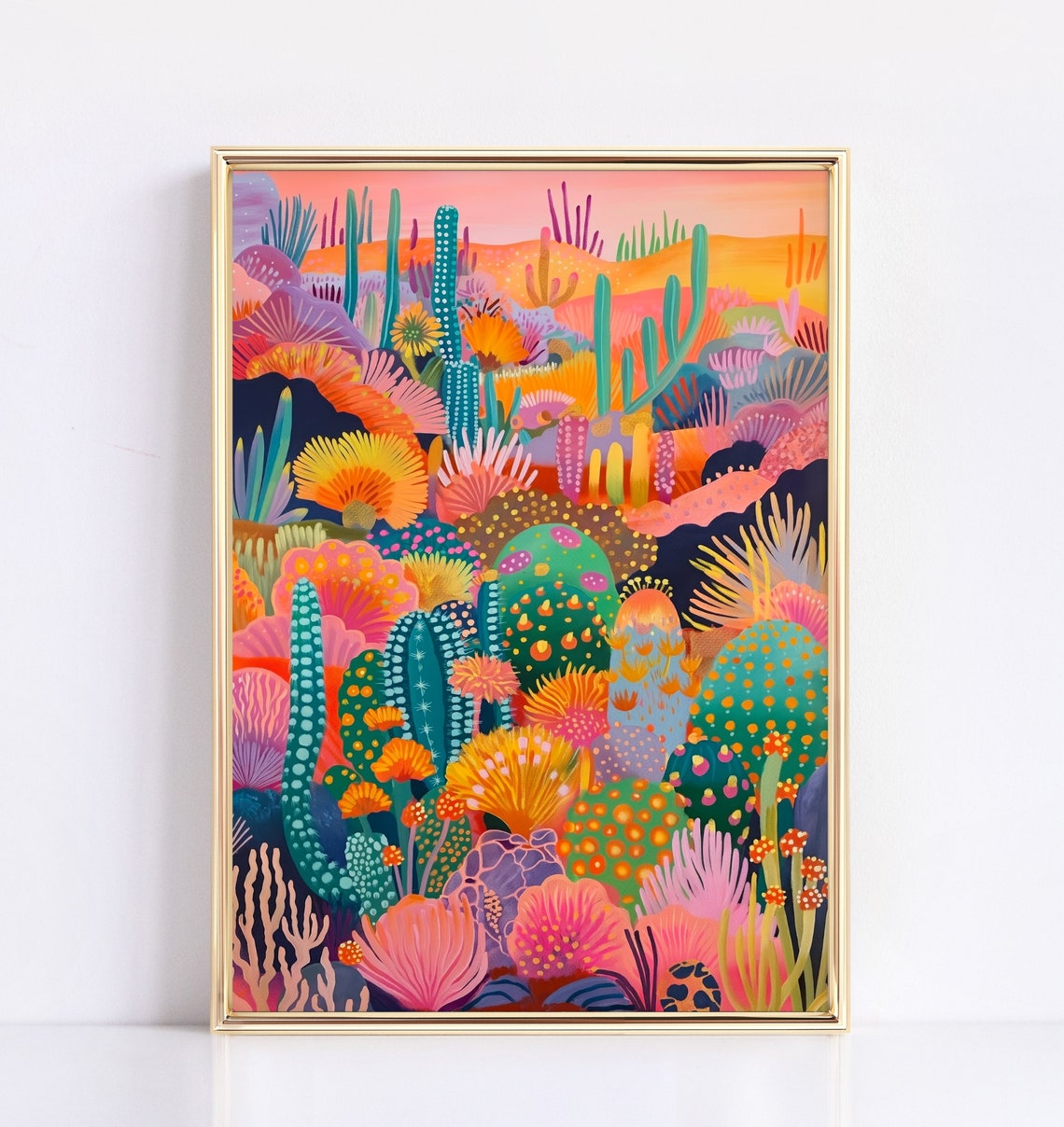 Psychedelic Cactus Desert Sunset Vibrant Southwest Landscape Poster