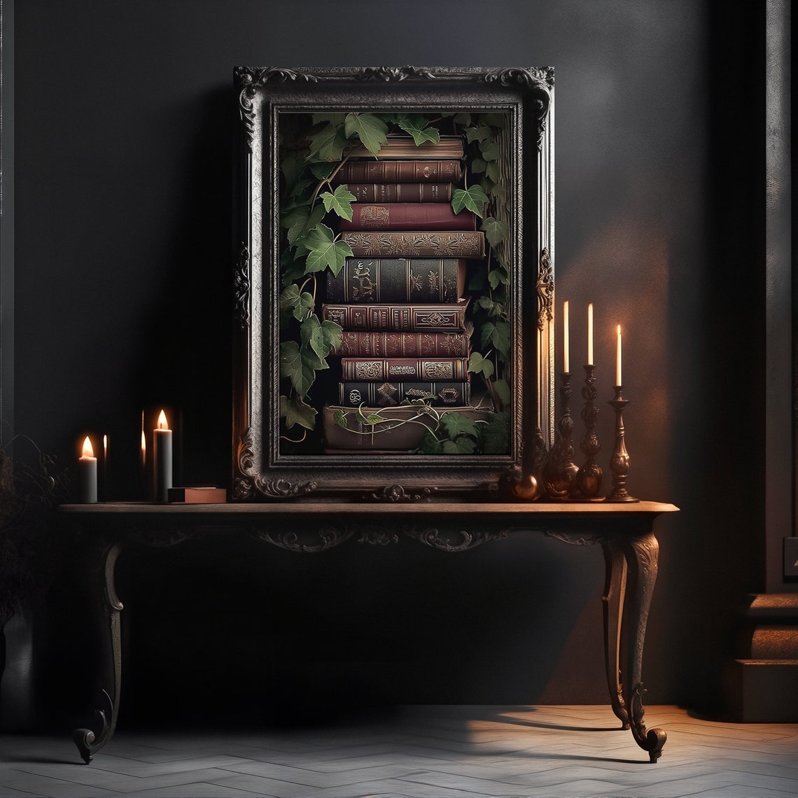 Antique Leather Books Stack With Ivy Dark Academia Art Poster - Image 2