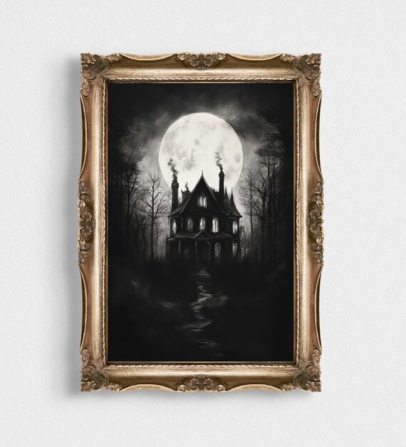 Haunted House Full Moon Painting Dark Gothic Halloween Art Poster