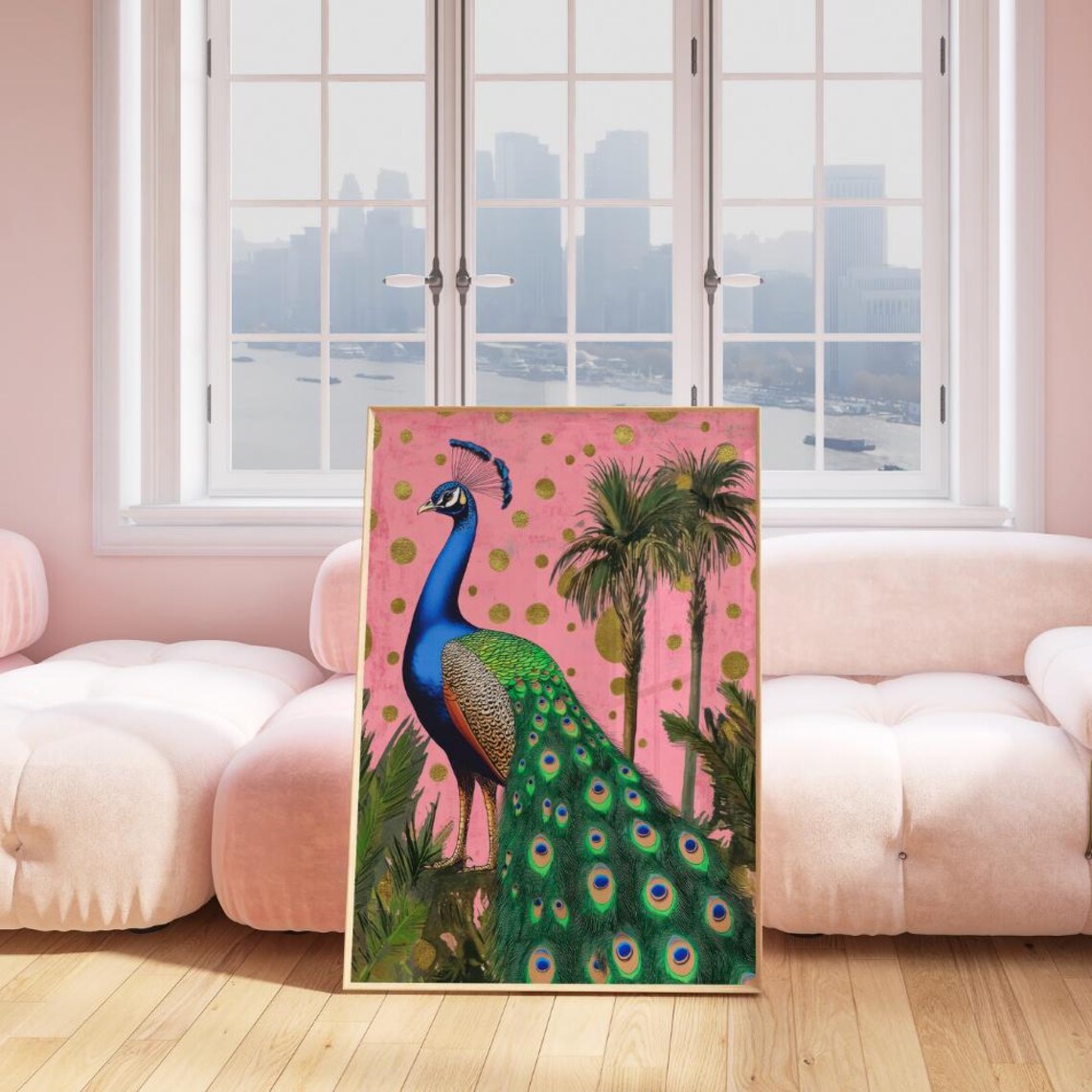 Peacock Standing With Palm Trees On Pink And Gold Polka Dot Poster - Image 4