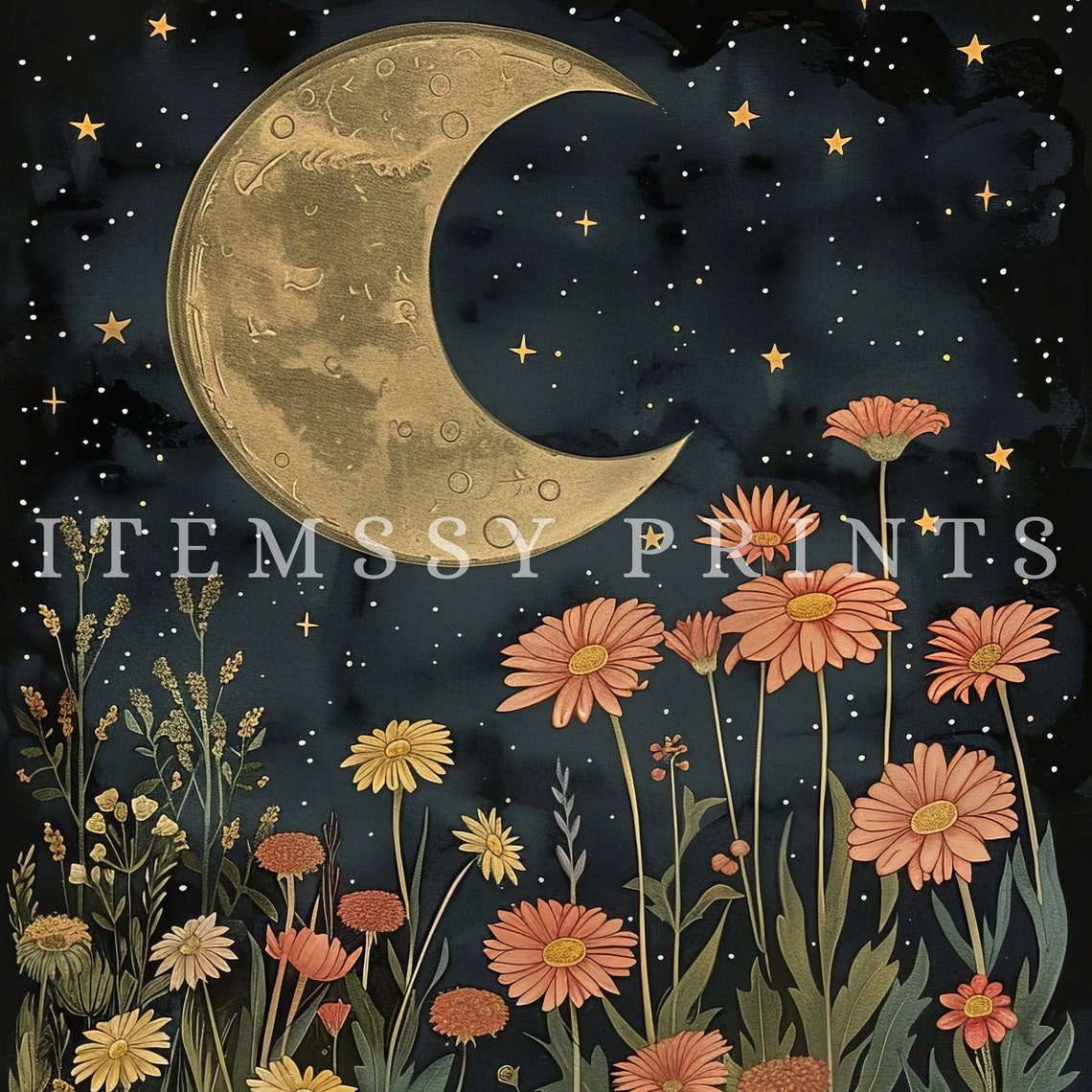 Gold Crescent Moon Over Wildflower Field Starry Night Poster - Image 2