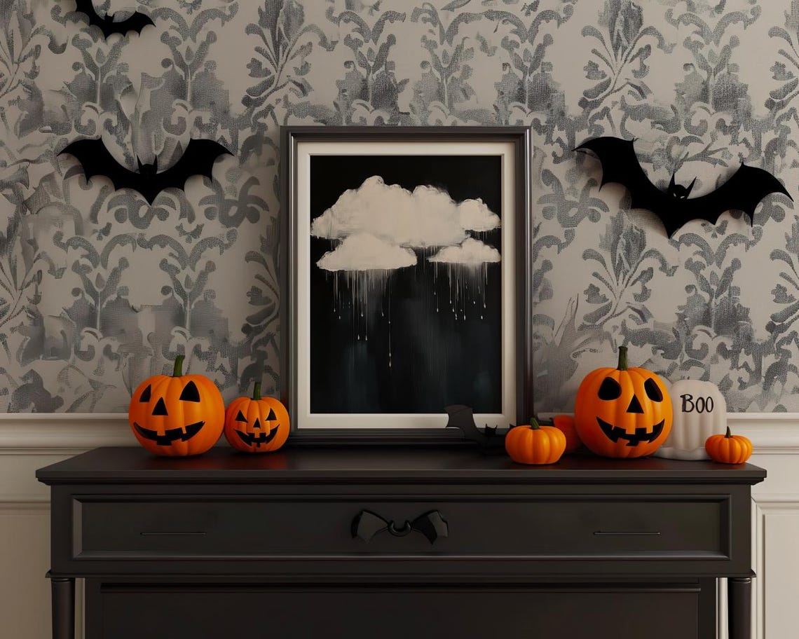 White Cloud Rain Painting Black Background Dark Moody Art Poster - Image 2
