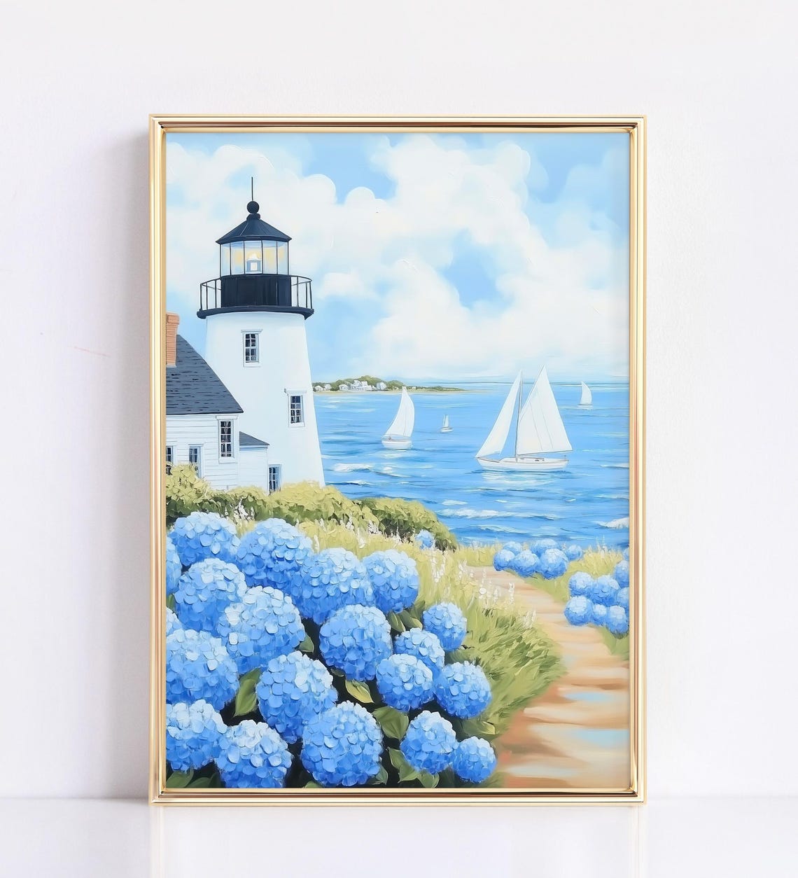 Lighthouse Sailboats Hydrangeas Seaside Path Coastal Art Poster - Image 3